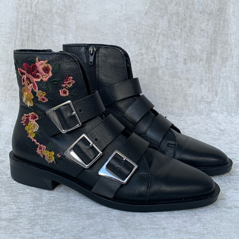 Zara Trafaluc Floral Embroidered Black Buckle Booties